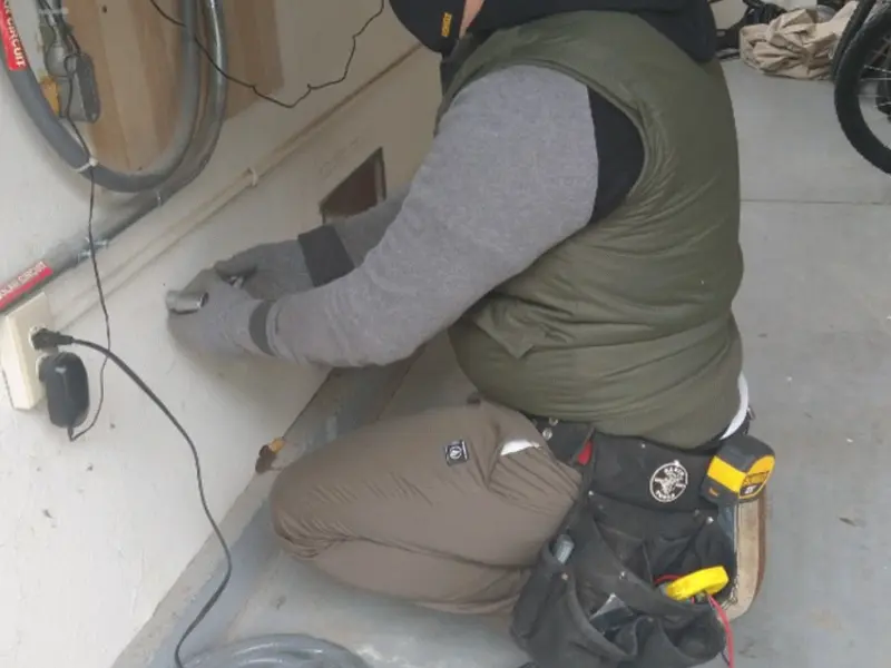 Electrician performing outlet wiring in a Barrington garage